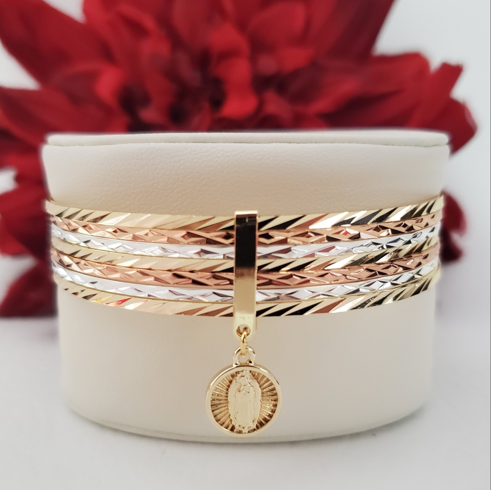 Lady of Guadalupe Tri Color 7 Band Bangle Gold Plated Bracelet